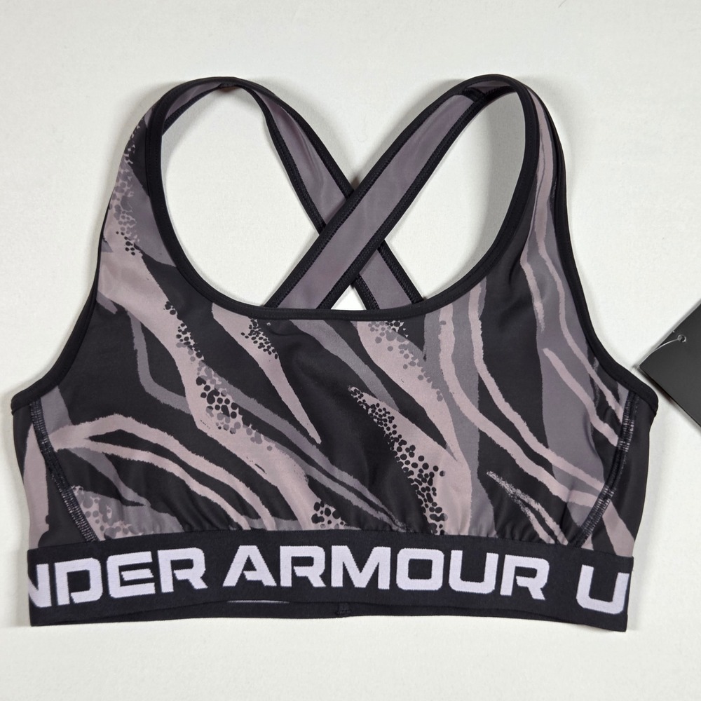 Under Armour Womens DFO Crossback Mid Printed Sports Bra Grey Black 1362247 M - Picture 2 of 9